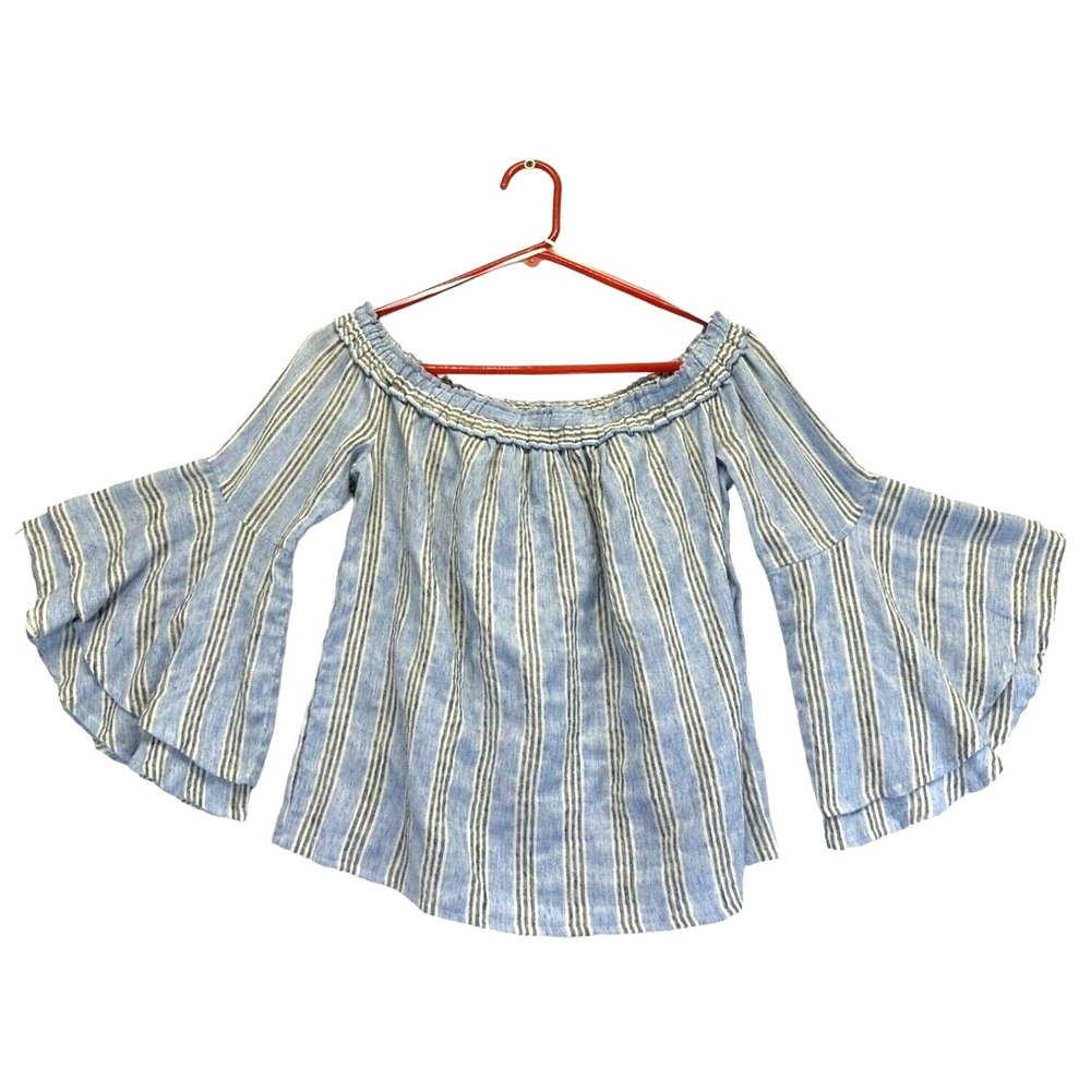Lucky Brand Striped Bell Sleeve Off the Shoulder Cropped Top in Blue XS